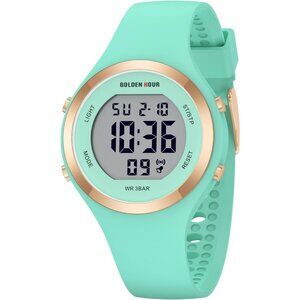 Unisex Mint Silicone Digital Sports Gold Bezel Water-Resistant Alarm Stopwatch